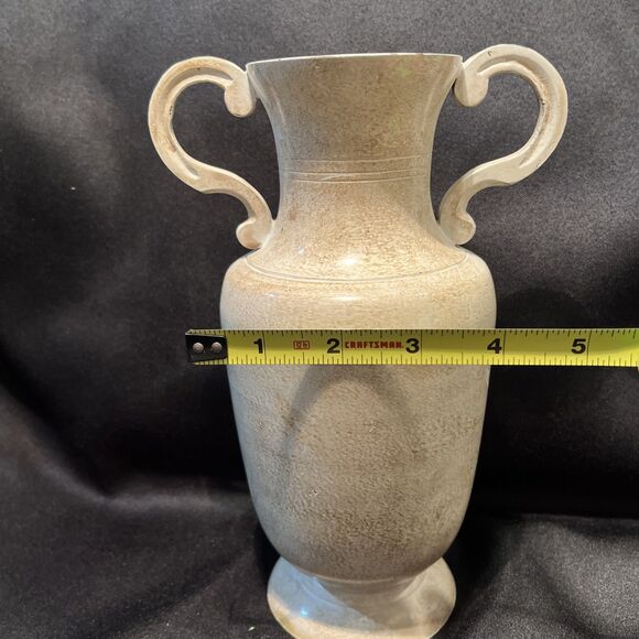 Vintage Double Handle Metal Vase Stone Color Home Accents Decor India Made 9” T - Picture 12 of 13